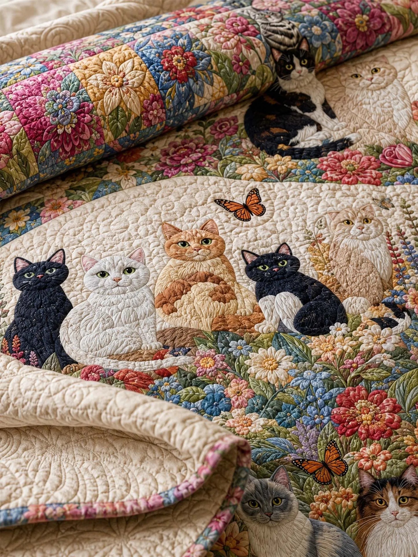 Wildflower Cat Garden Quilted 3-Piece Bedding Set