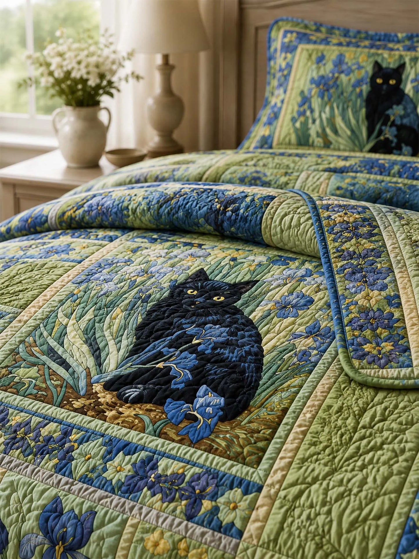 Blue Iris Cat Garden Quilted 3-Piece Bedding Set