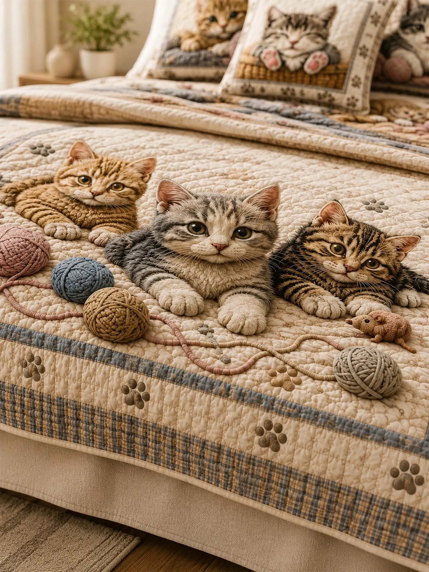 Cat Lovers Cozy Yarn Quilted 3-Piece Bedding Set
