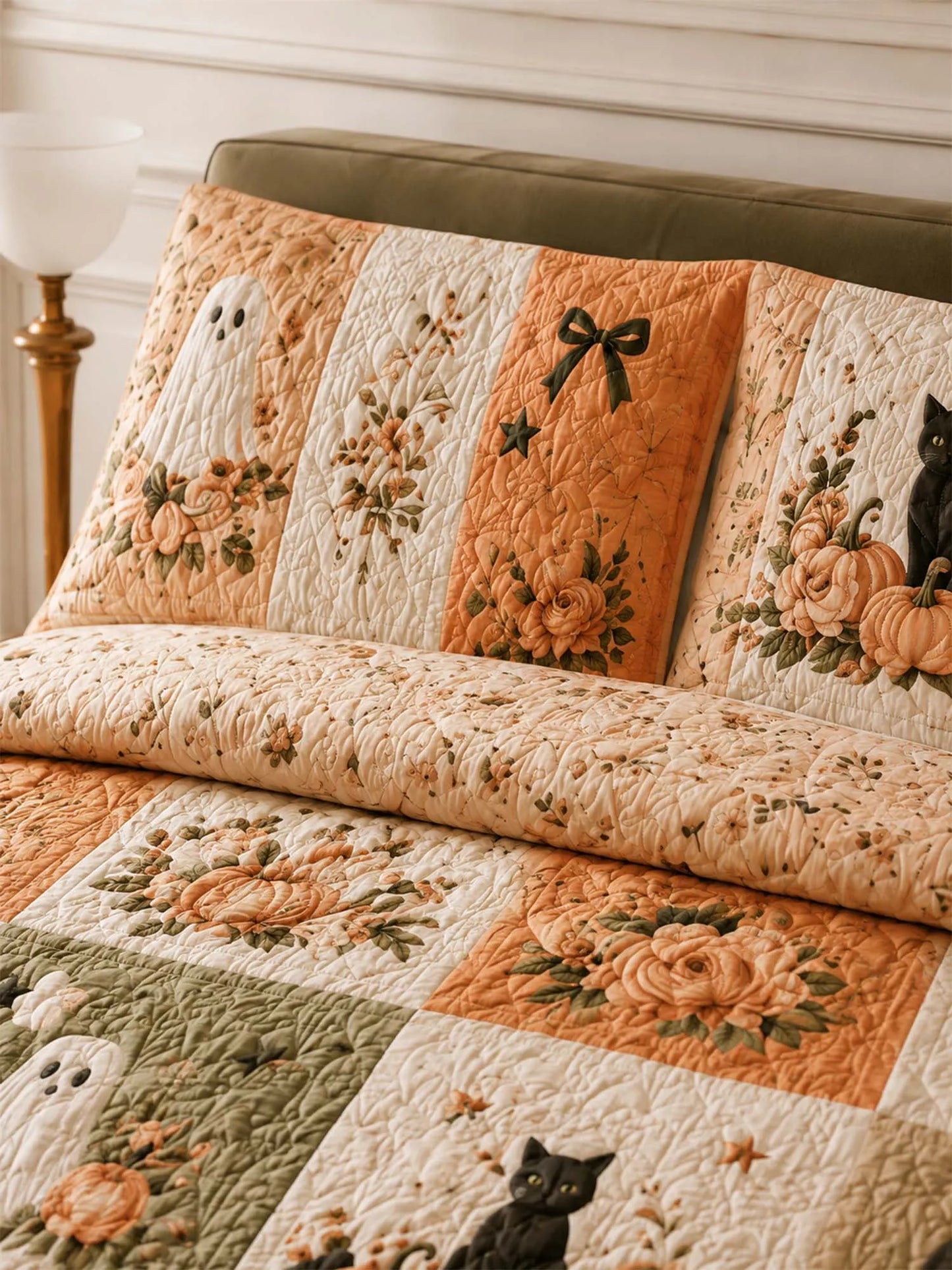Pumpkin Cat Ghost Garden Quilted 3-Piece Bedding Set