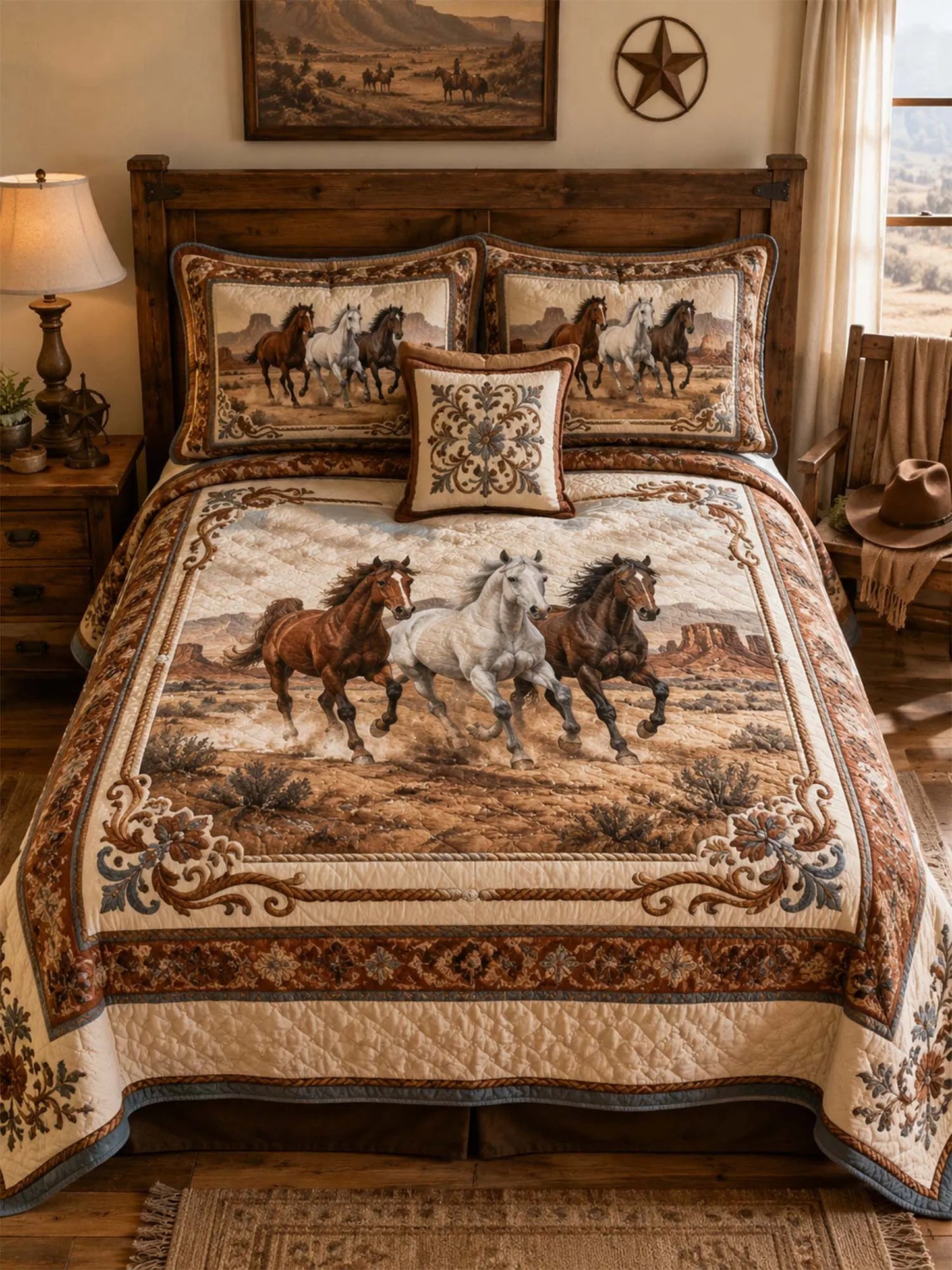 Equestrian Horse Patchwork Quilted 3-Piece Bedding Set – Vintage Country Quilted Bedding with Matching Pillow Shams