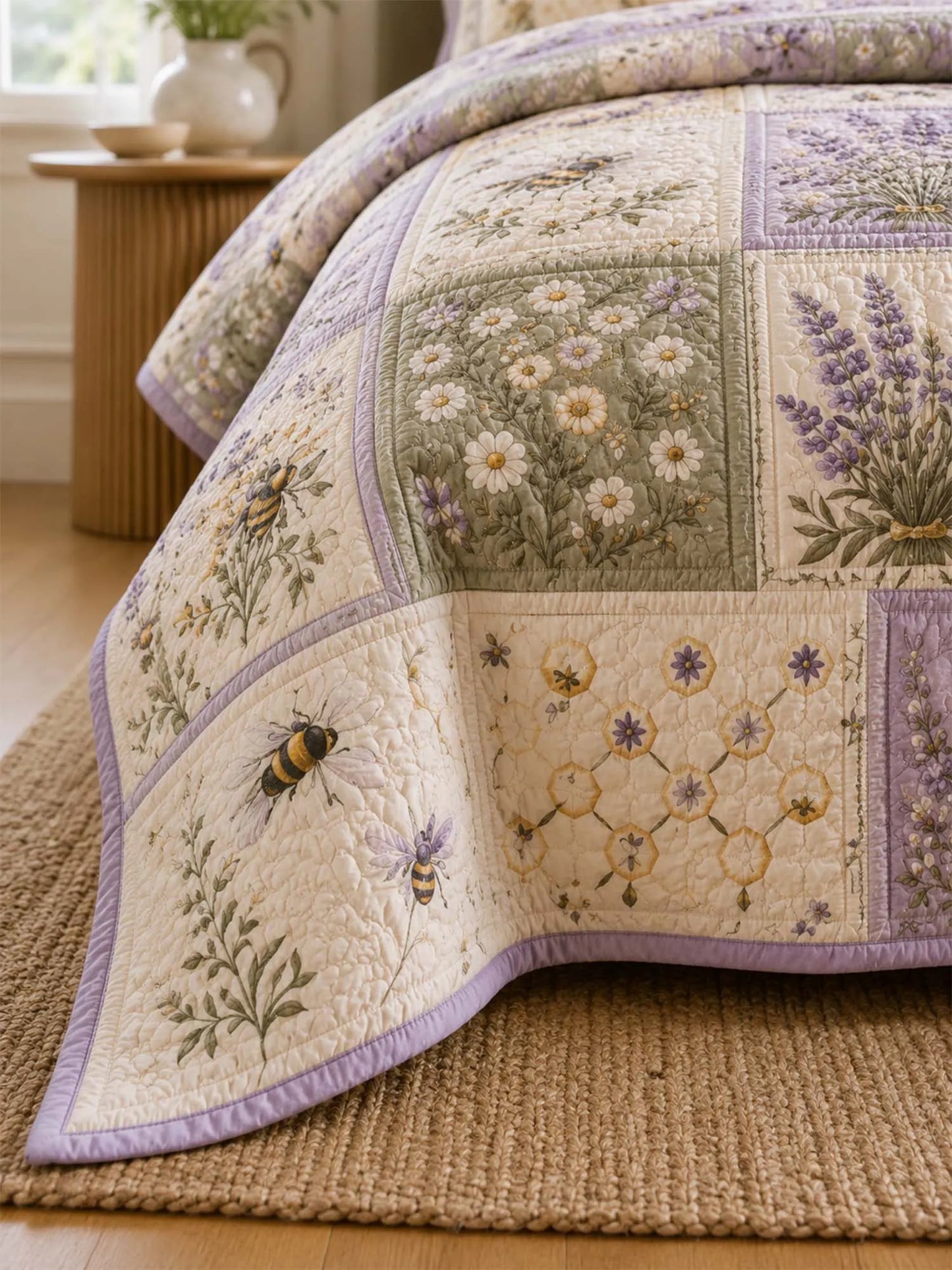 Lavender Bee Quilted 3-Piece Bedding Set – Classic Americana Quilted Bedding With Matching Pillow Shams