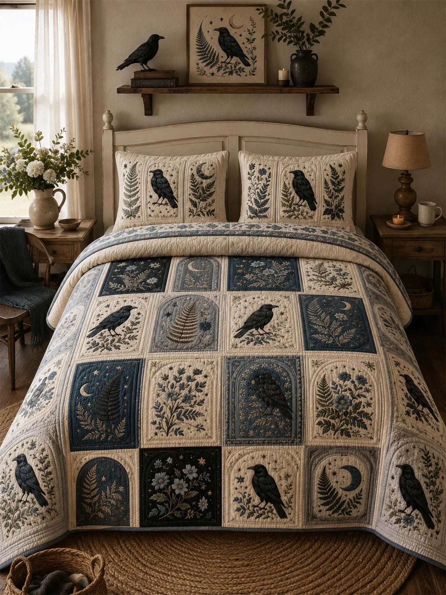 Raven Moonlit Patchwork Quilted 3-Piece Bedding Set