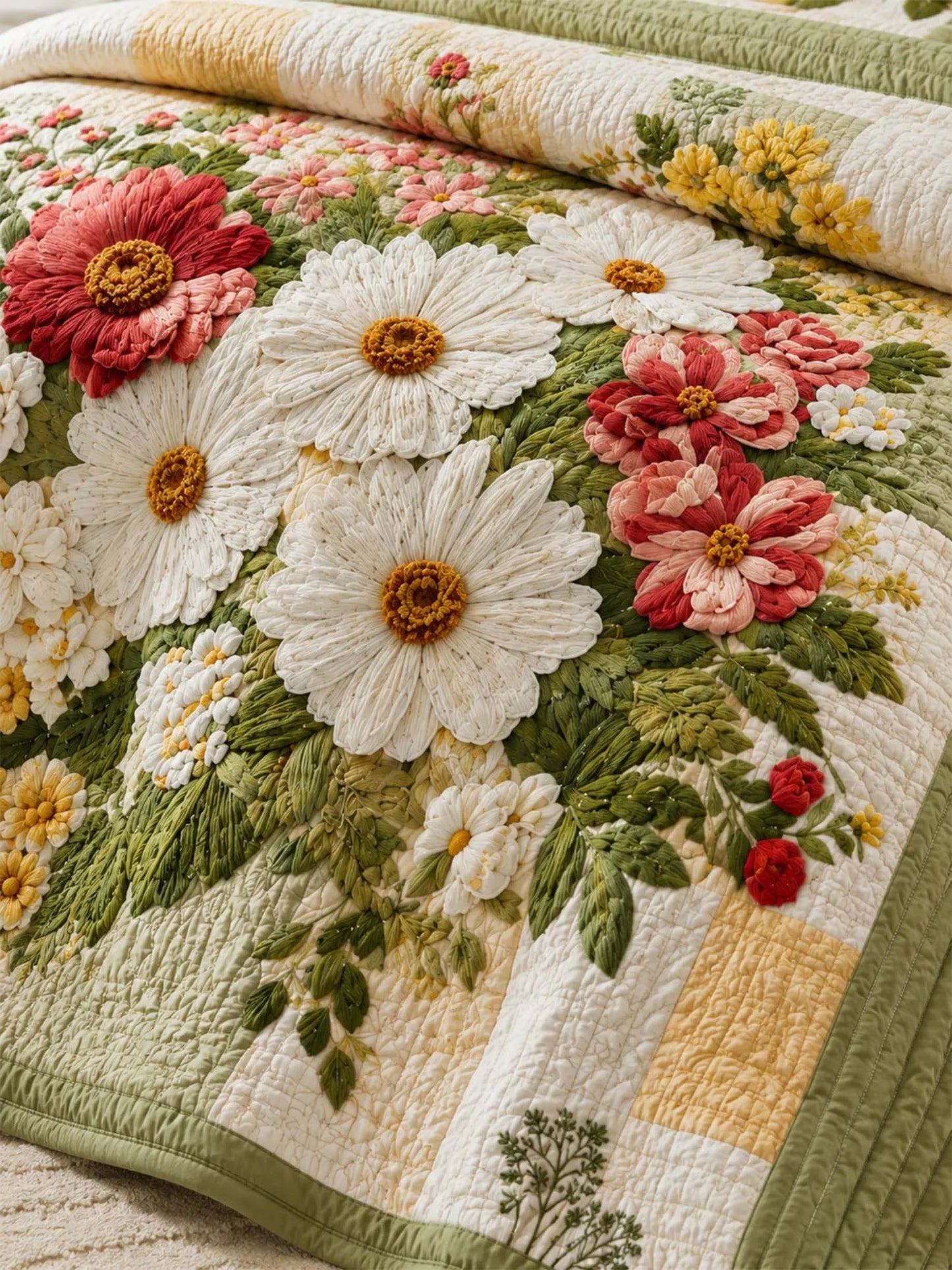 Meadow Daisy Blossom Quilted 3-Piece Bedding Set