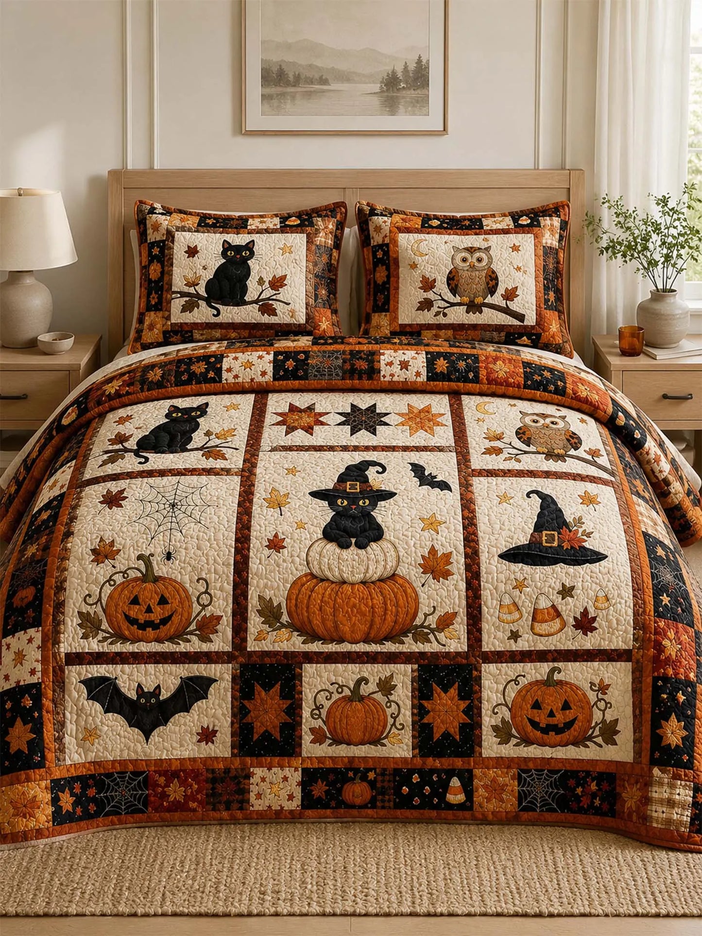 Black Cat Halloween Pumpkin Quilted 3-Piece Bedding Set