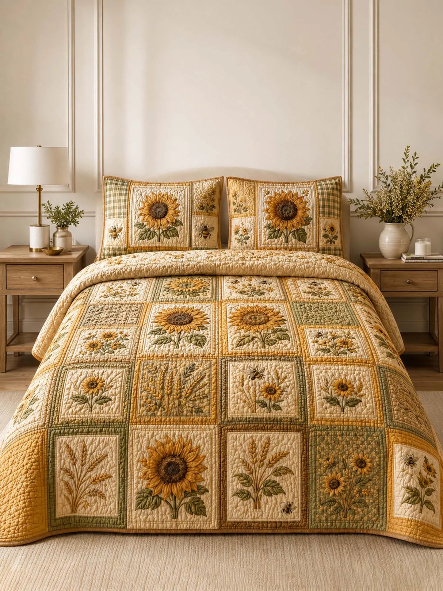 Sunflower Quilted 3-Piece Bedding Set – Classic Americana Quilted Bedding With Matching Pillow Shams