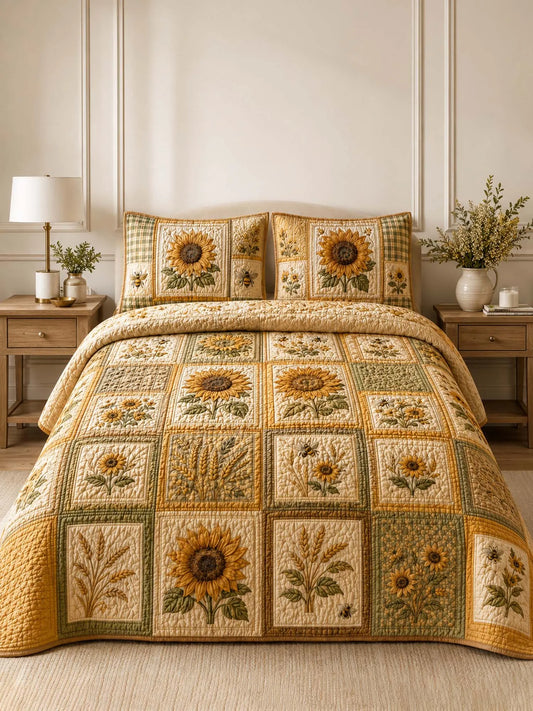 Sunflower Quilted 3-Piece Bedding Set – Classic Americana Quilted Bedding With Matching Pillow Shams