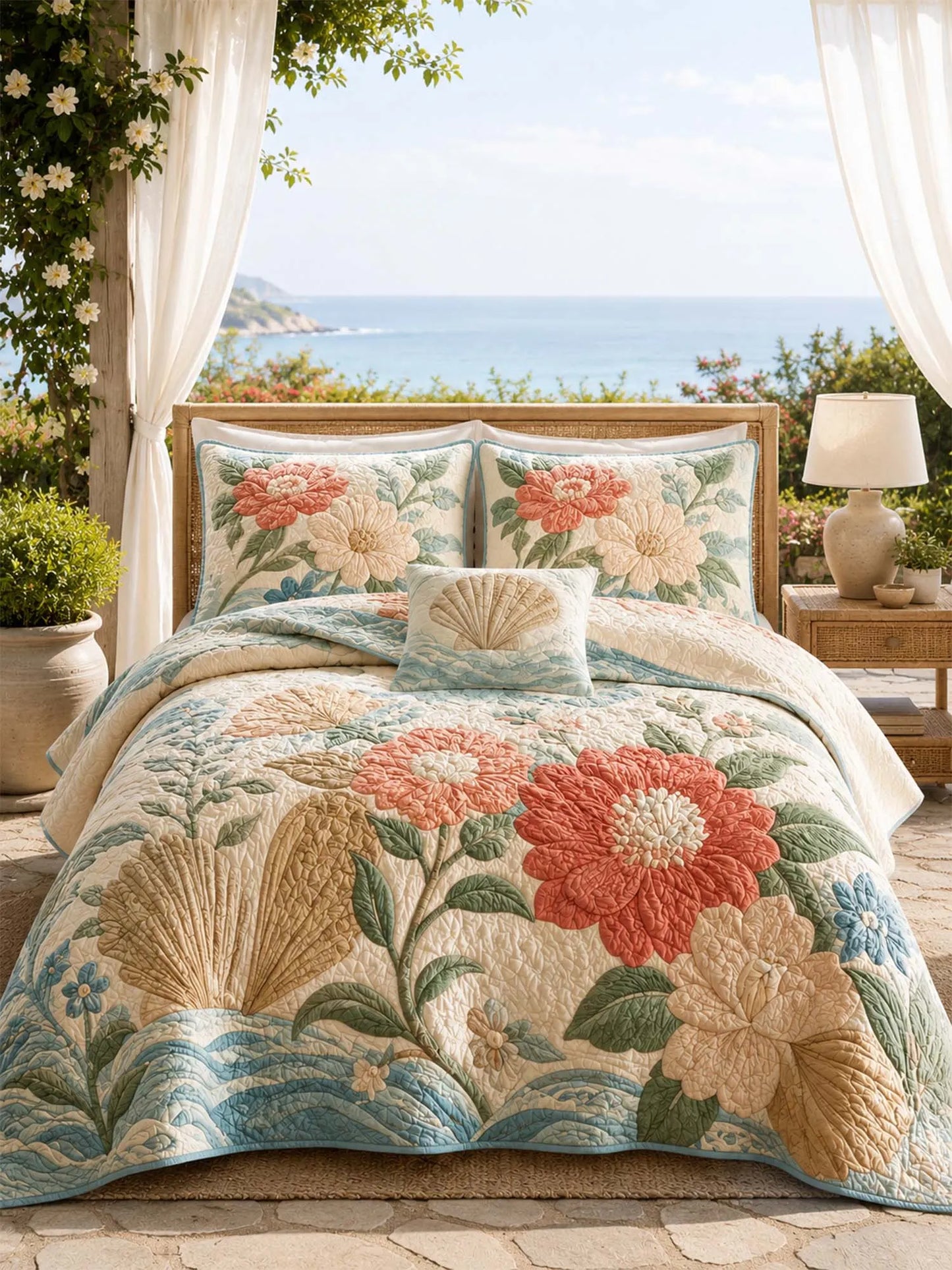 Coastal Floral Quilted 3-Piece Bedding Set – Luxury Quilted Bedding with Matching Pillow Shams