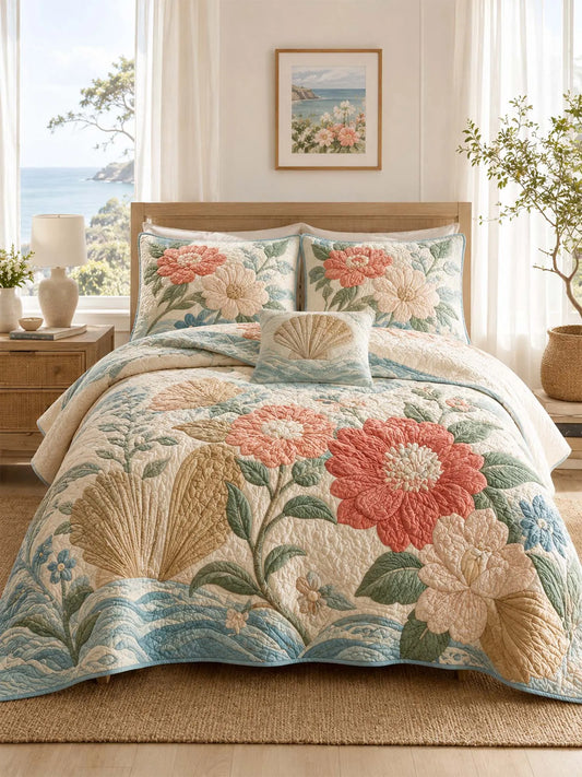 Coastal Floral Quilted 3-Piece Bedding Set – Luxury Quilted Bedding with Matching Pillow Shams
