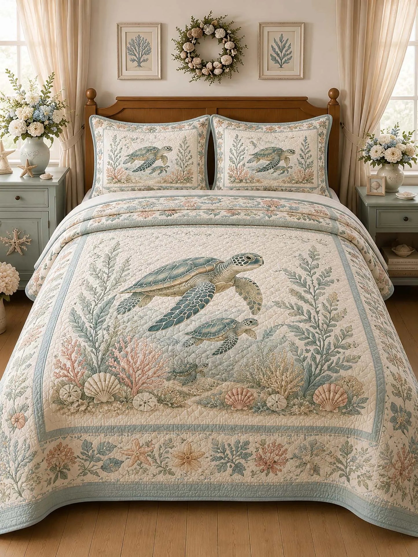 Vintage Nautical Ocean Turtle Seagrass Floral 3‐Piece Quilted Bedding Set
