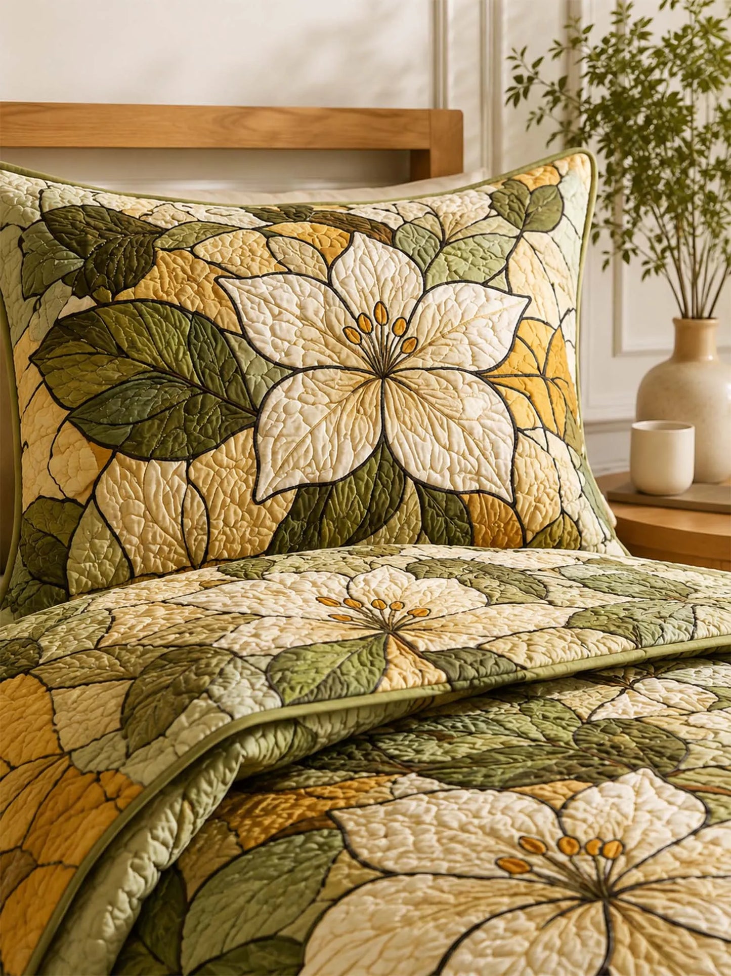 Ivory Magnolia Quilted 3-Piece Bedding Set – Vintage Botanical Quilted Bedding With Matching Pillow Shams