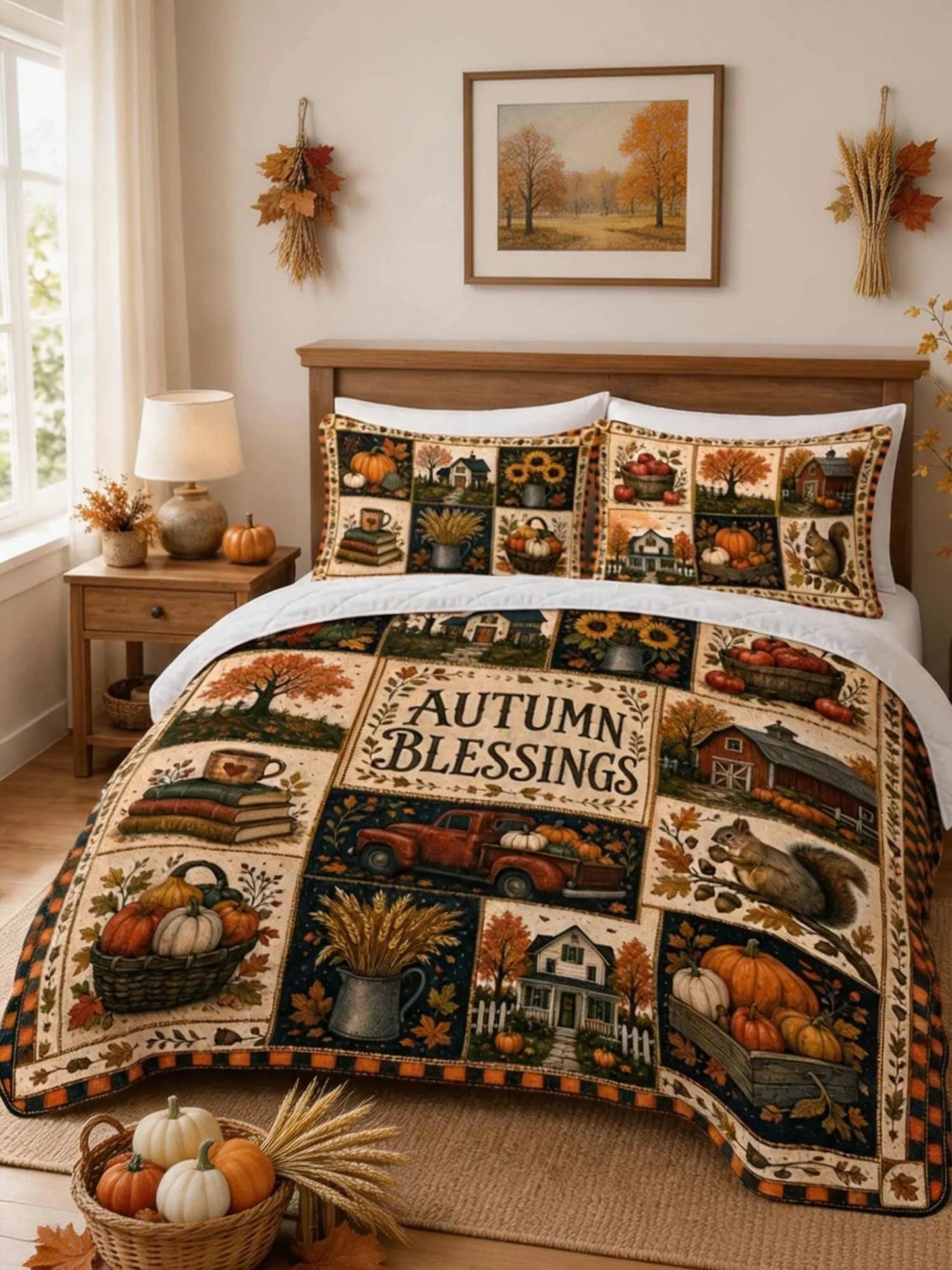 Autumn Blessings Harvest Patchwork Quilted 3‐Piece Bedding Set