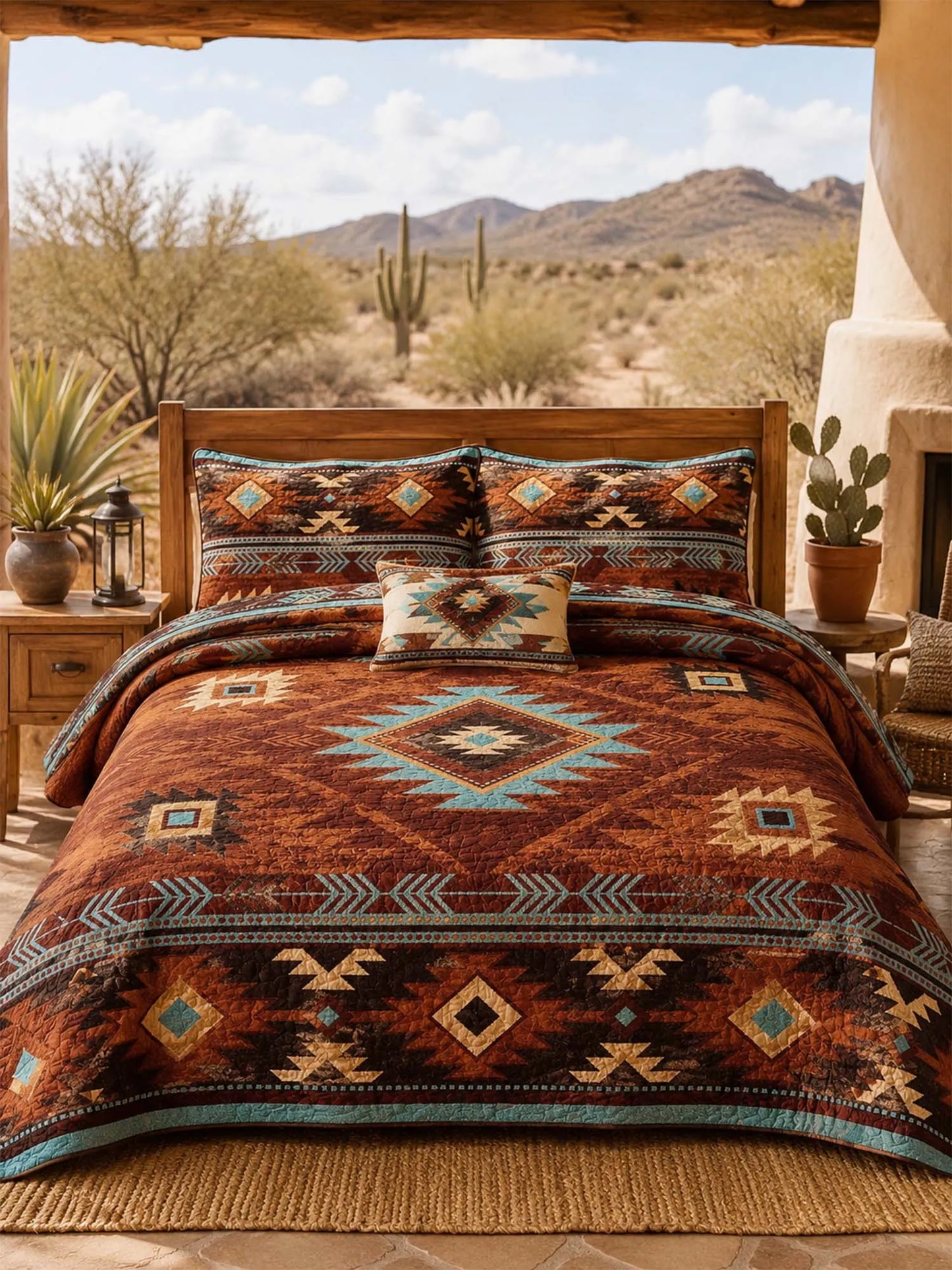 Southwestern Aztec Quilted 3-Piece Bedding Set – Rustic Luxury Quilted Bedding with Matching Pillow Shams