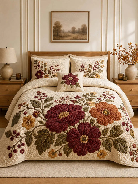 Vintage Floral Quilted 3-Piece Bedding Set – Luxury Quilted Bedding with Matching Pillow Shams