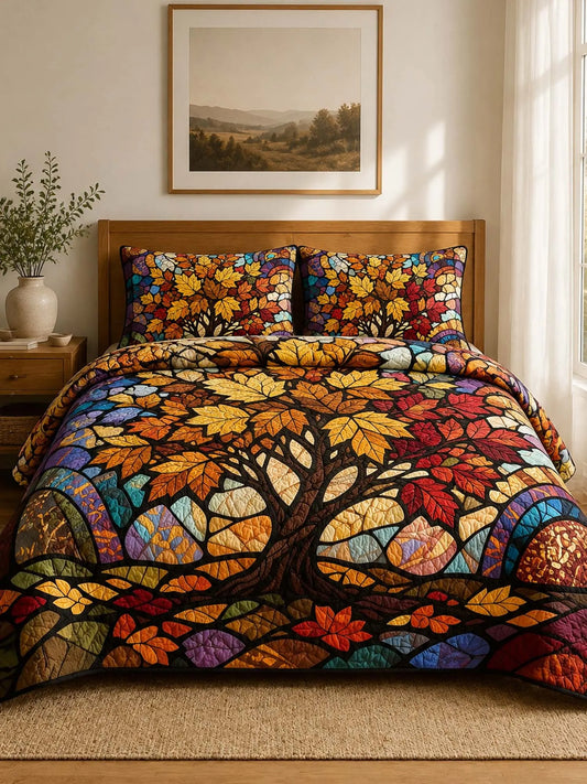 Autumn Tree of Life Quilted 3-Piece Bedding Set – Stained Glass Harvest Quilted Bedding With Matching Pillow Shams