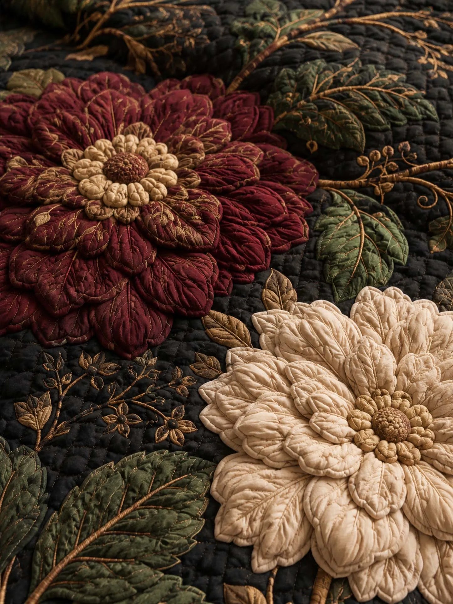 Dark Botanical Floral Quilted 3-Piece Bedding Set – Luxury Quilted Bedding with Matching Pillow Shams