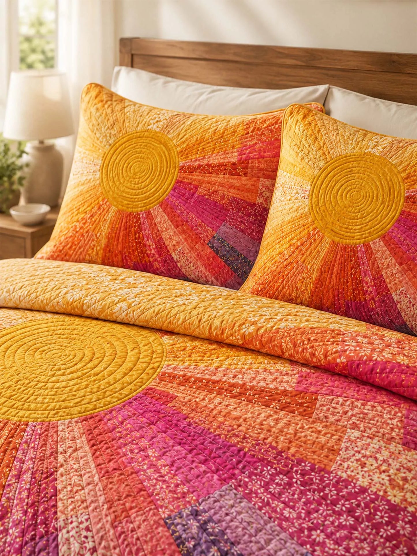 Rainbow Sunburst Quilted 3-Piece Bedding Set – Bohemian Vintage Quilted Bedding With Matching Pillow Shams