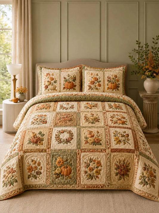Pumpkin Harvest Quilted 3-Piece Bedding Set – Vintage Farmhouse Quilted Bedding With Matching Pillow Shams