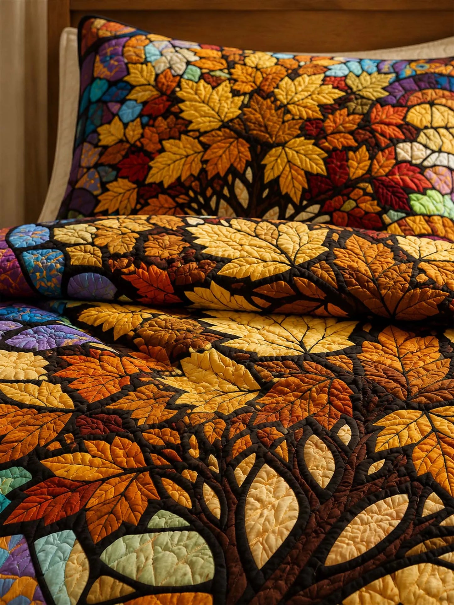 Autumn Tree of Life Quilted 3-Piece Bedding Set – Stained Glass Harvest Quilted Bedding With Matching Pillow Shams