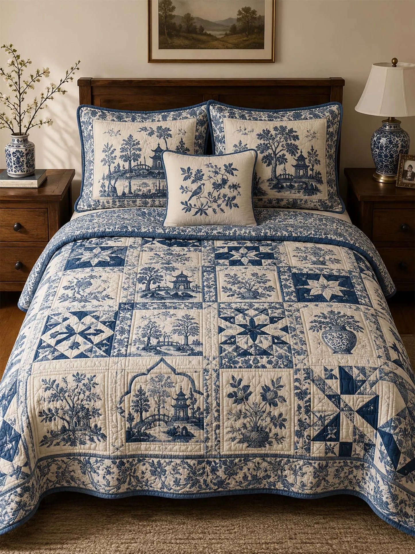 Blue Willow Chinoiserie 3-Piece Quilted Bedding Set