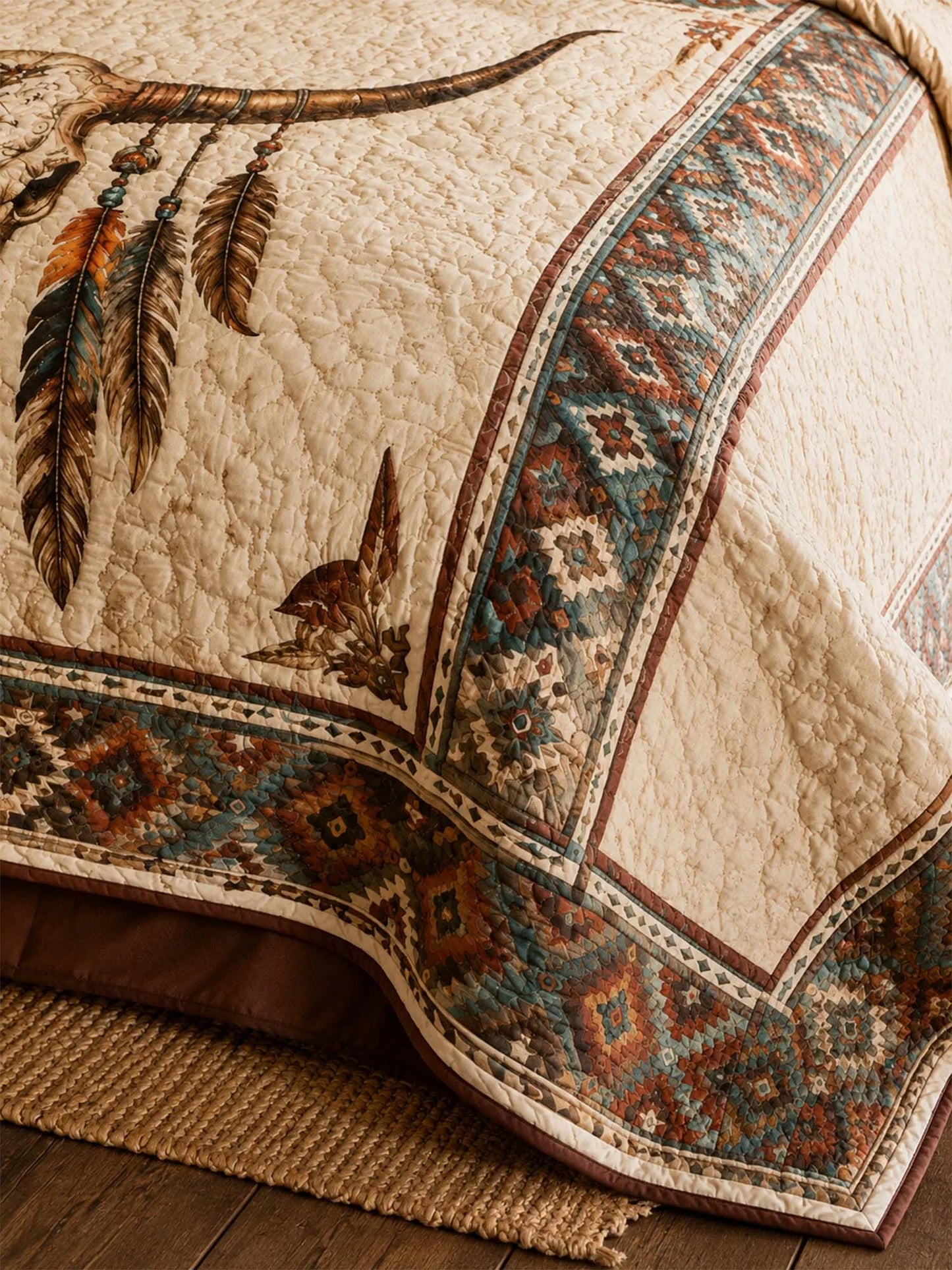 Longhorn Skull Western Quilted 3-Piece Bedding Set – Vintage Ranch Style Quilted Bedding with Matching Pillow Shams