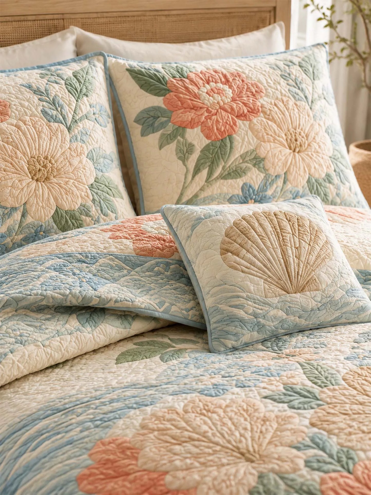 Coastal Floral Quilted 3-Piece Bedding Set – Luxury Quilted Bedding with Matching Pillow Shams