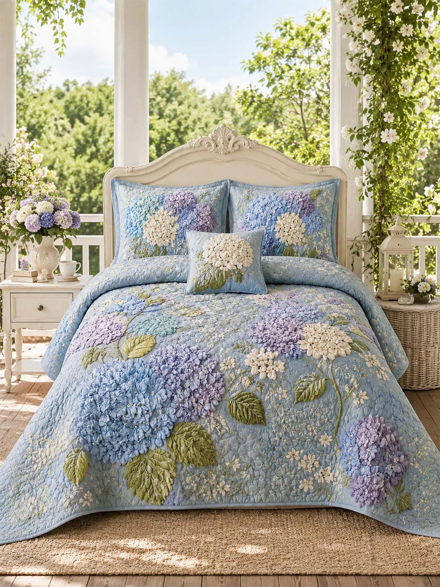 Blue Hydrangea Floral Quilted 3-Piece Bedding Set – Luxury Quilted Bedding With Matching Pillow Shams
