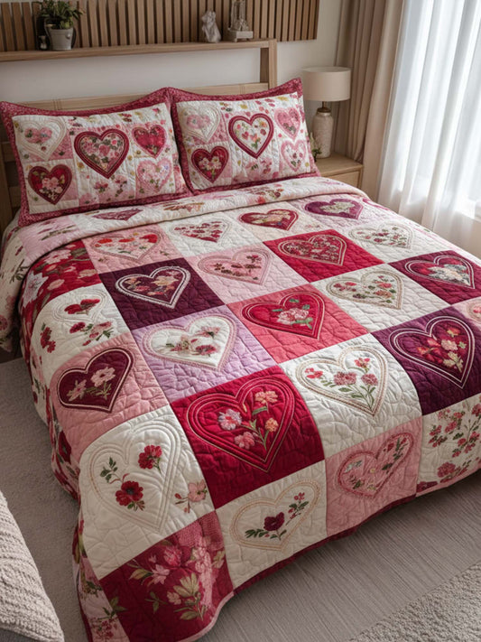 Rose And Heart Valentine's Day 3- Piece Quilted Bedding Set