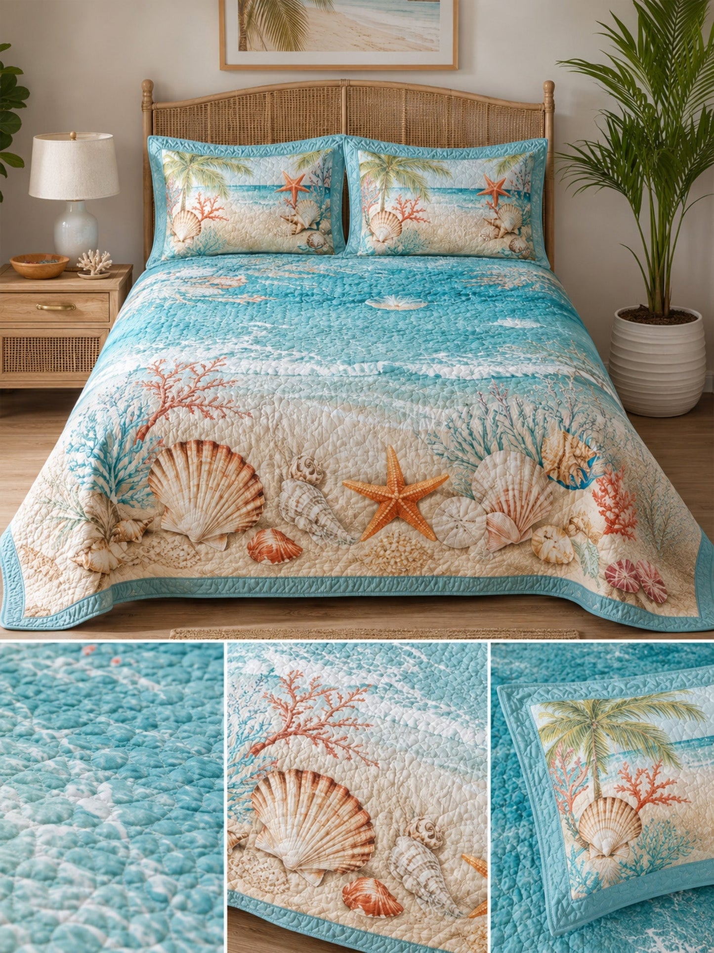 Seashells and Starfish on the Shore 3-Piece  Quilted Bedding Set