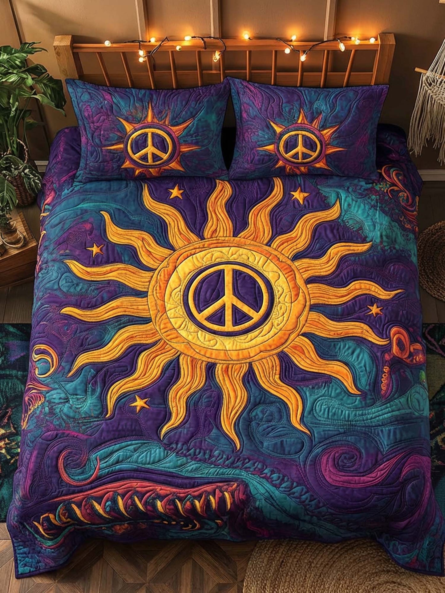 Hippie Peace Flower 3- Piece Quilted Bedding Set