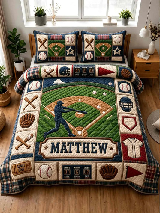 Personalized Baseball Player Field 3-piece quilted bedding set