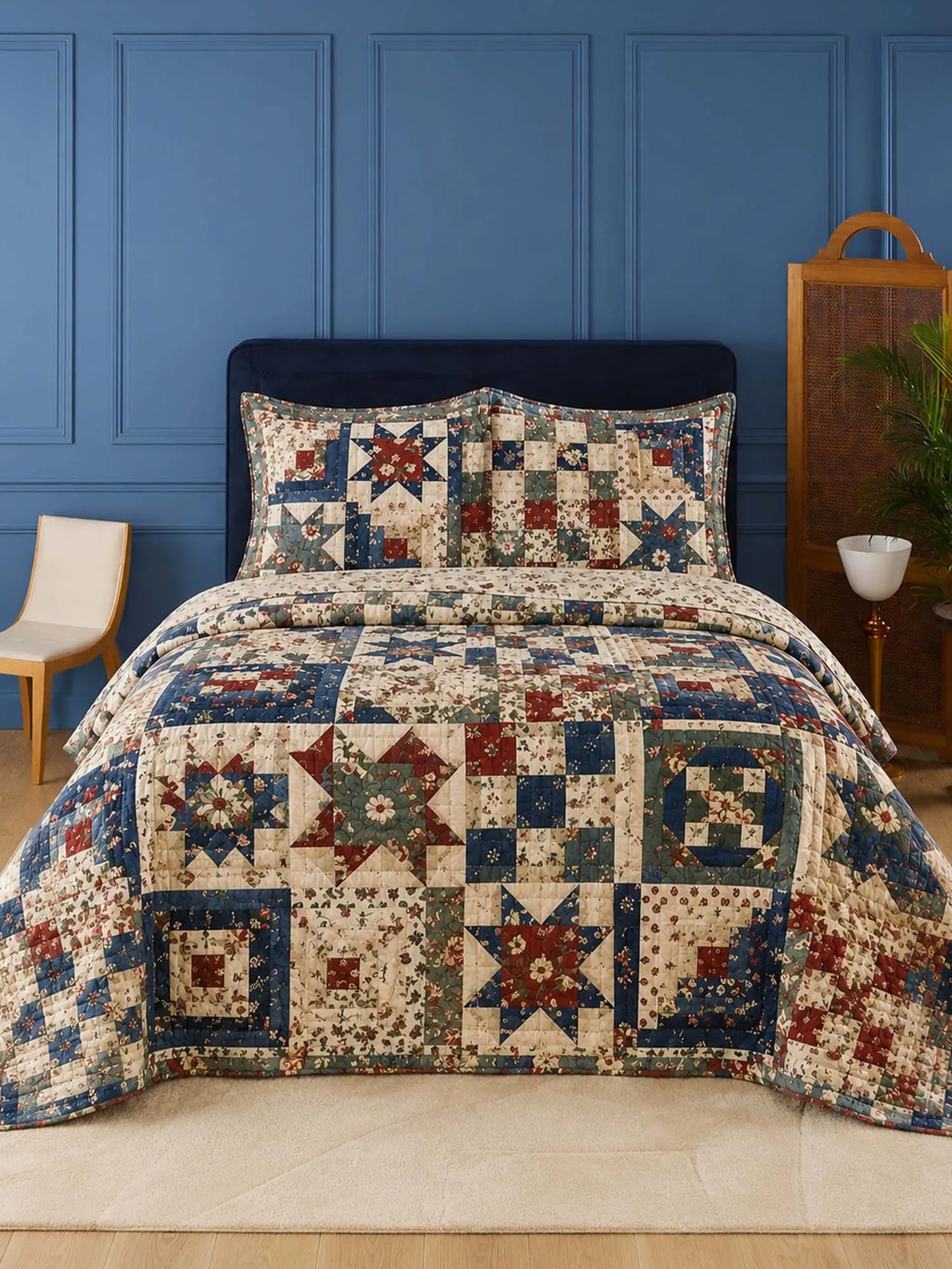 Vintage Patchwork Quilted 3-Piece Bedding Set – Classic Americana Quilted Bedding With Matching Pillow Shams