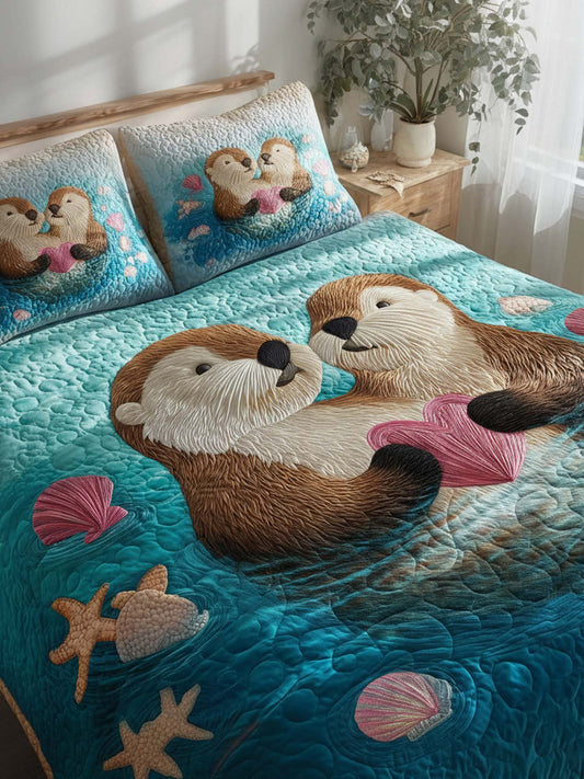 Otter Love Valentine's Day 3- Piece Quilted Bedding Set