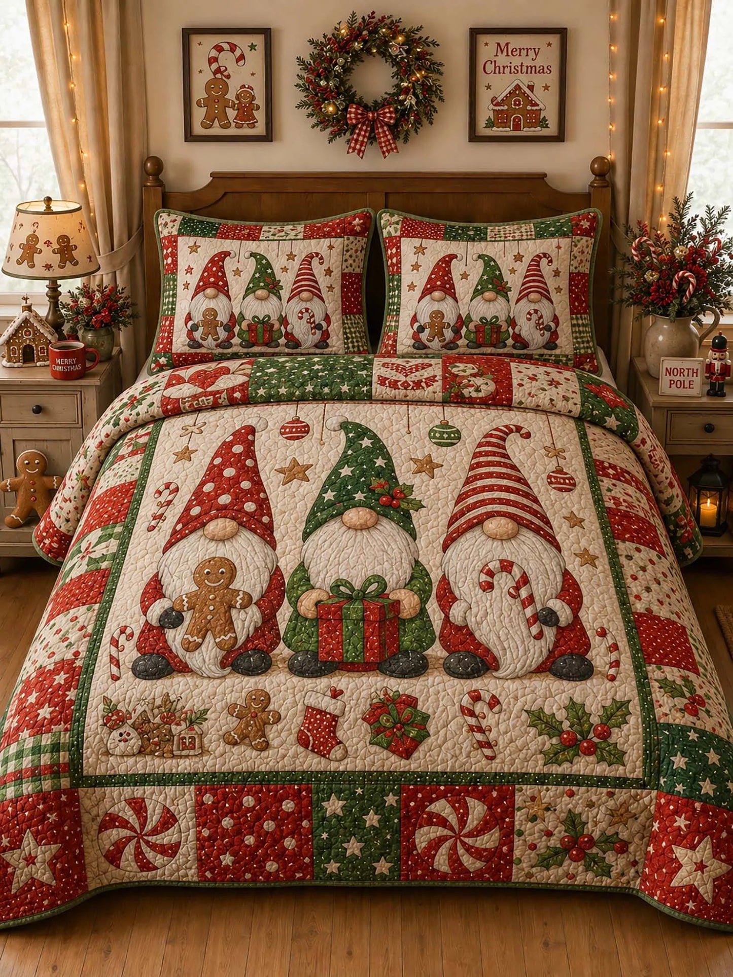 Gnome Gingerbread Christmas Patchwork 3‐Piece Quilted Bedding Set