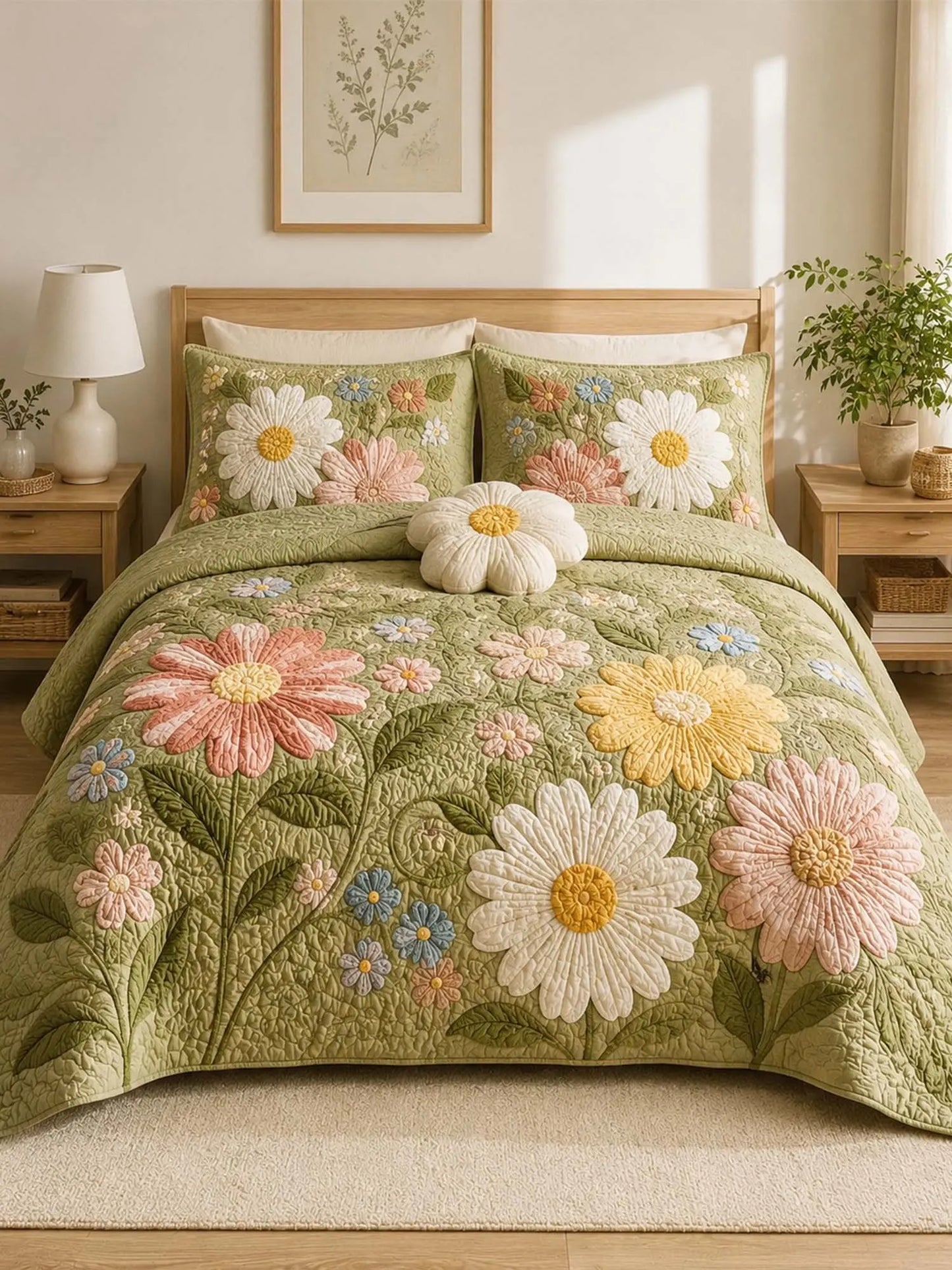 Daisy Floral Quilted 3-Piece Bedding Set – Luxury Quilted Bedding with Matching Pillow Shams