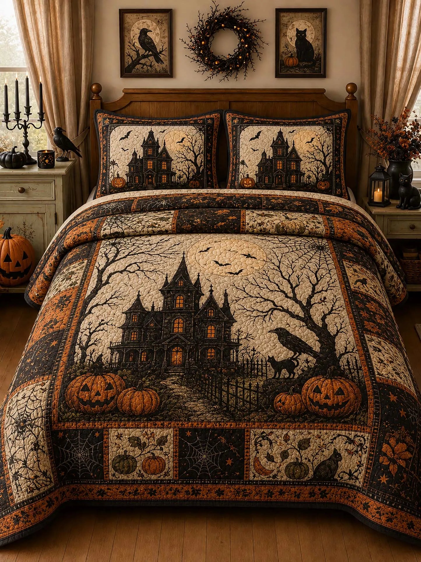 Vintage Halloween Manor Crow Black Cat Patchwork 3‐Piece Quilted Bedding Set