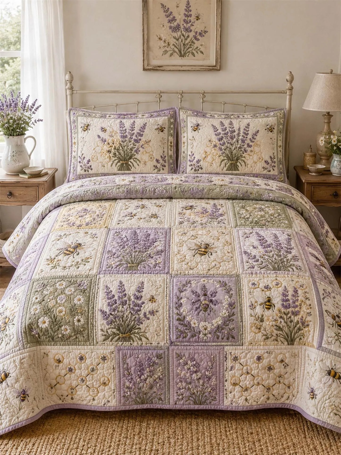 Lavender Bee Quilted 3-Piece Bedding Set – Classic Americana Quilted Bedding With Matching Pillow Shams
