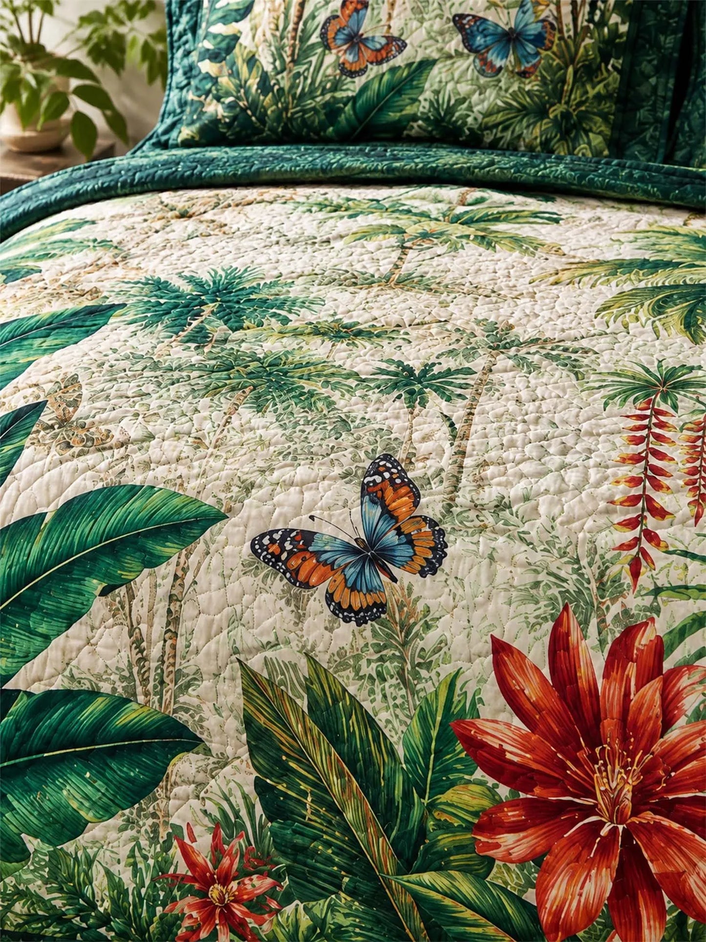 Tropical Botanical Quilted 3-Piece Bedding Set – Luxury Quilted Bedding with Matching Pillow Shams