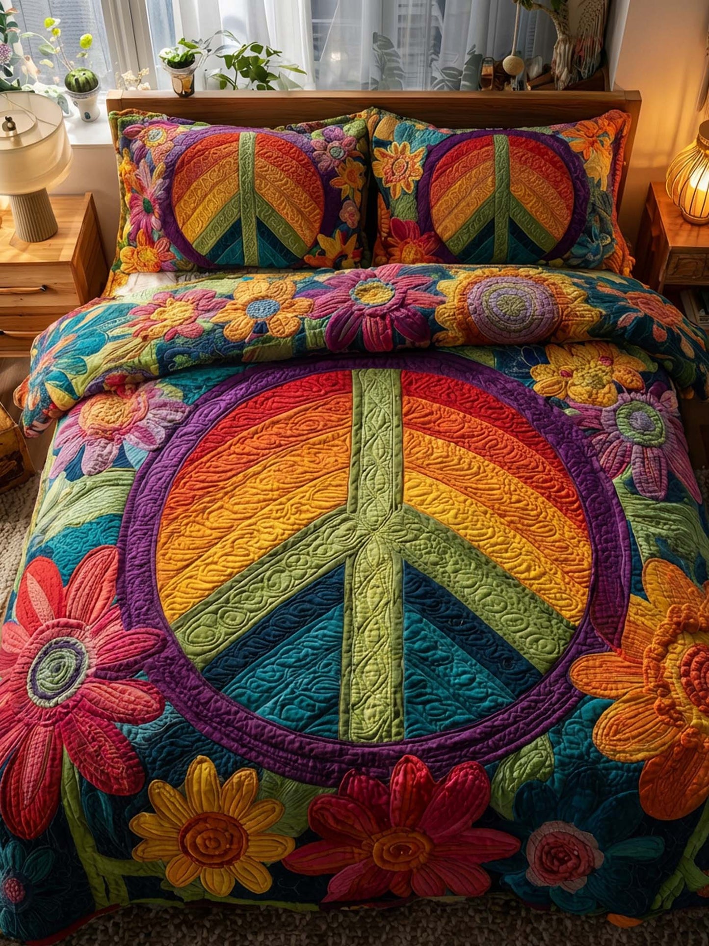 Peace Flower 3- Piece Quilted Bedding Set