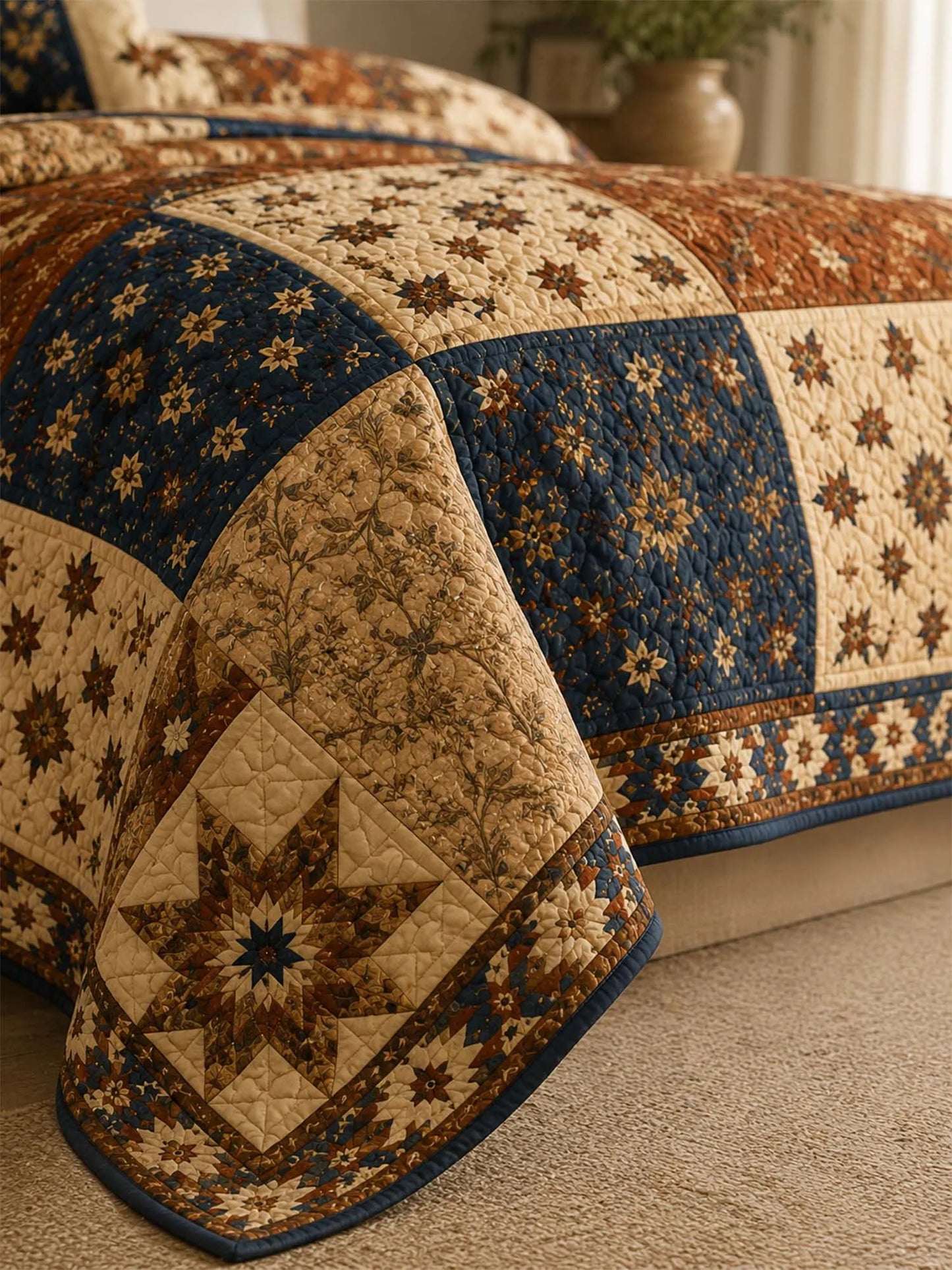 Vintage Patchwork Star Quilted 3-Piece Bedding Set – Heritage Farmhouse Quilted Bedding with Matching Pillow Shams