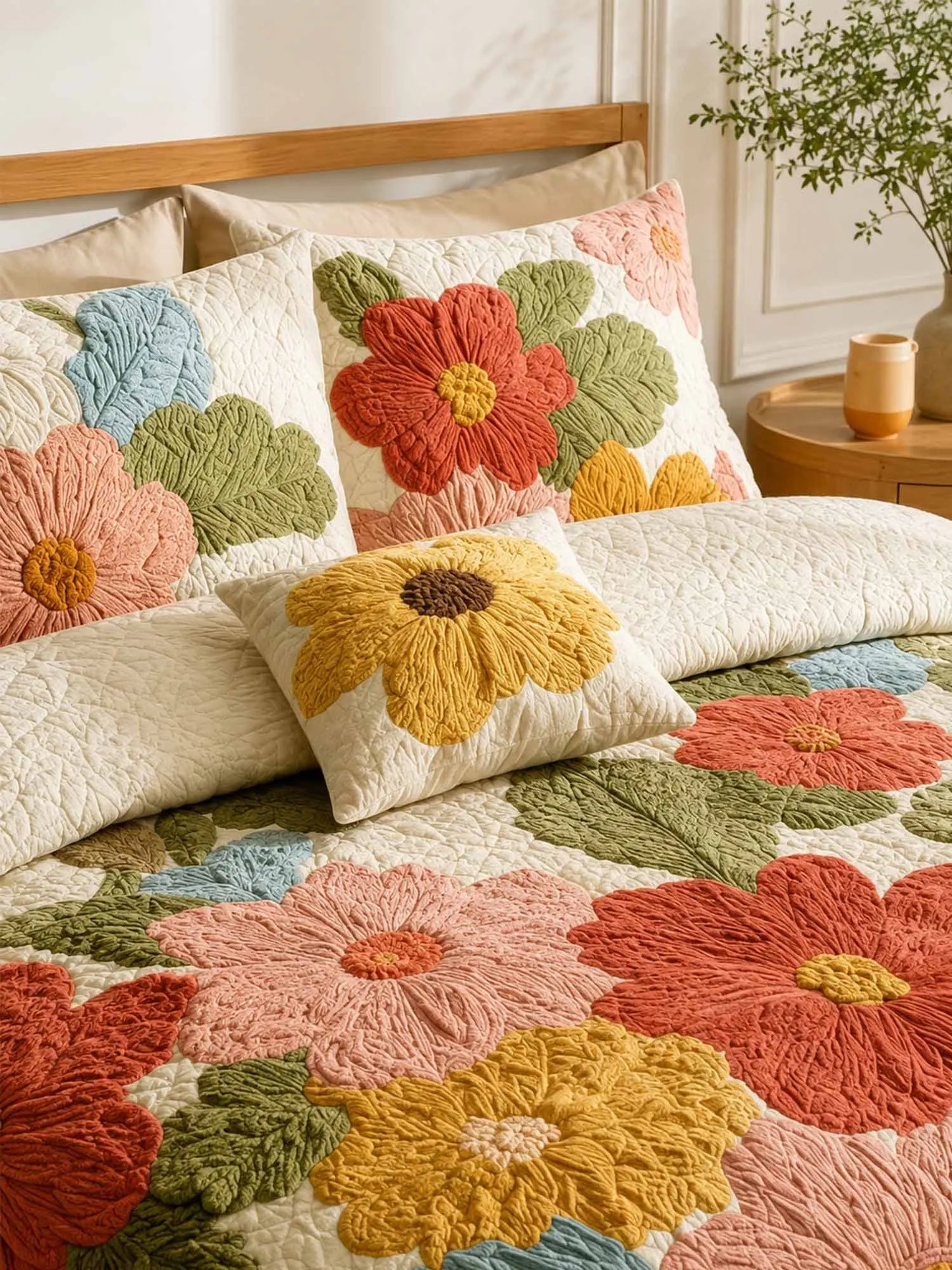 Retro Daisy Patchwork 3-Piece Quilted Bedding Set