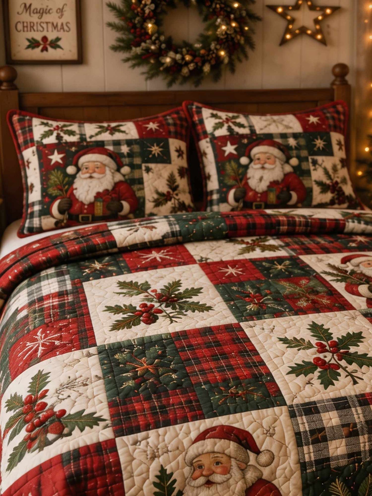 Santa Holly Plaid Patchwork 3‐Piece Quilted Bedding Set