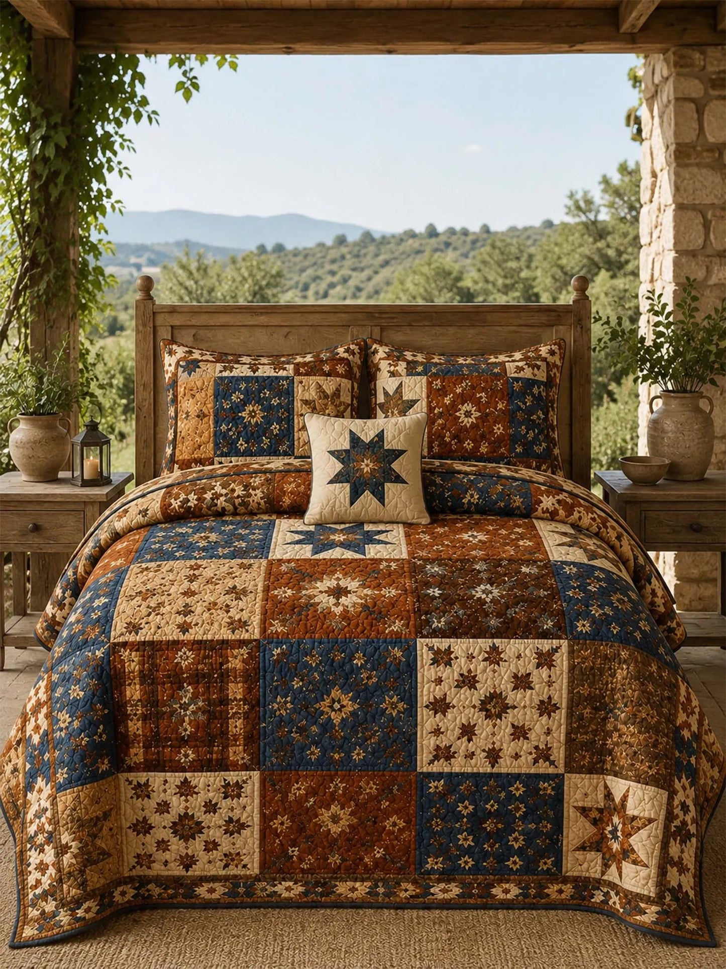 Vintage Patchwork Star Quilted 3-Piece Bedding Set – Heritage Farmhouse Quilted Bedding with Matching Pillow Shams