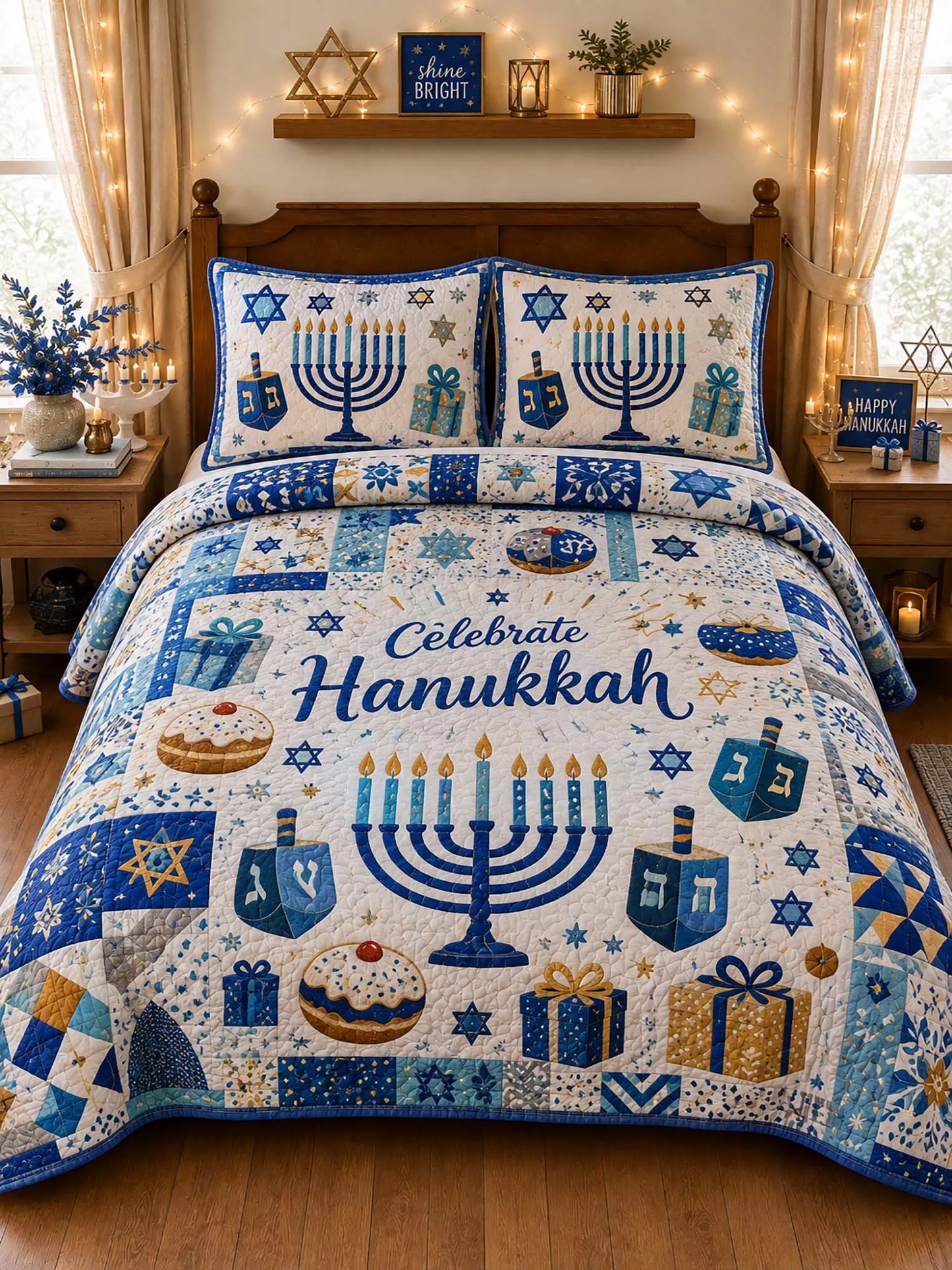 Celebrate Hanukkah Gift Donut Patchwork 3‐Piece Quilted Bedding Set