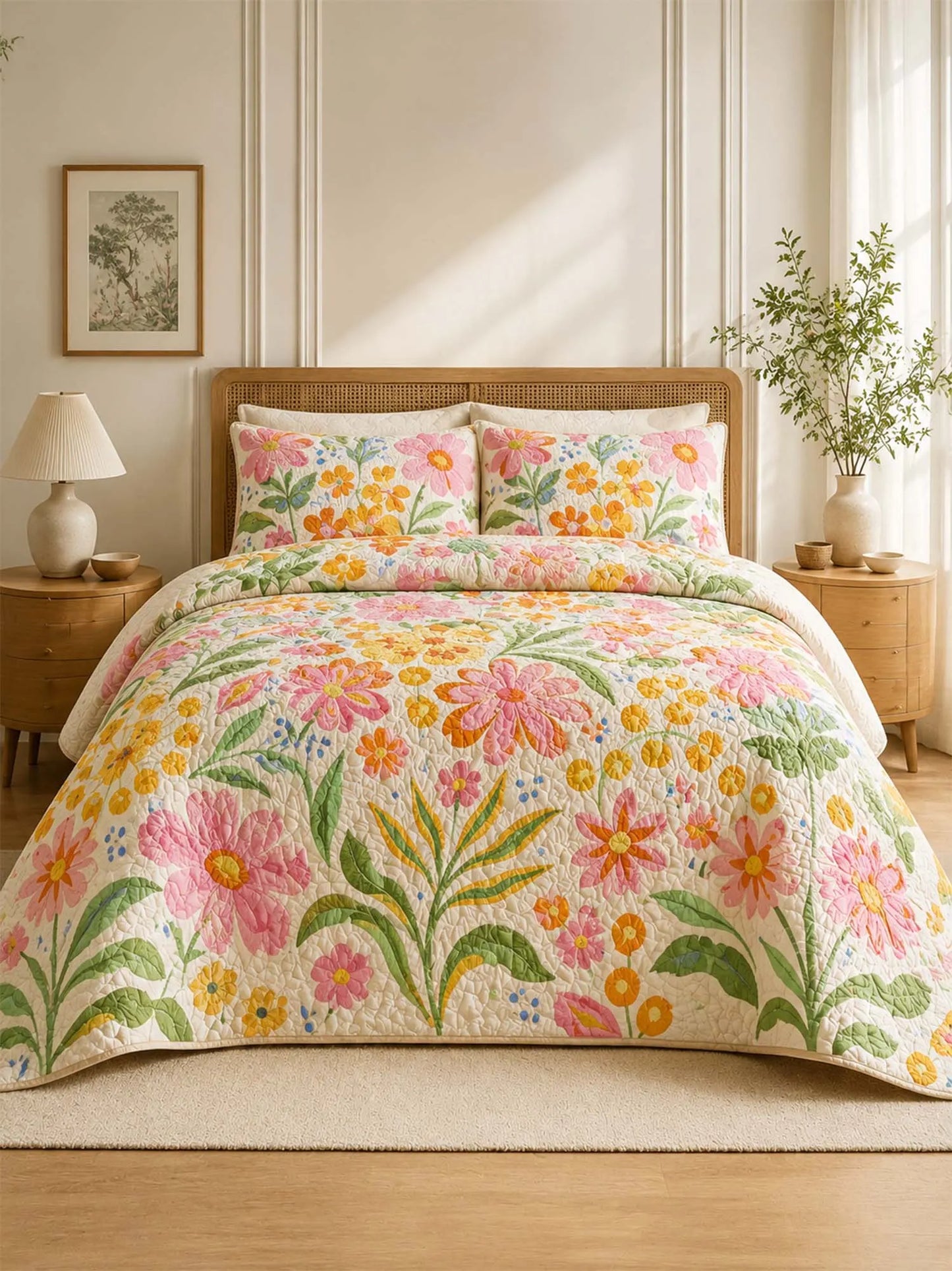 Colorful Wildflower Meadow Quilted 3-Piece Bedding Set