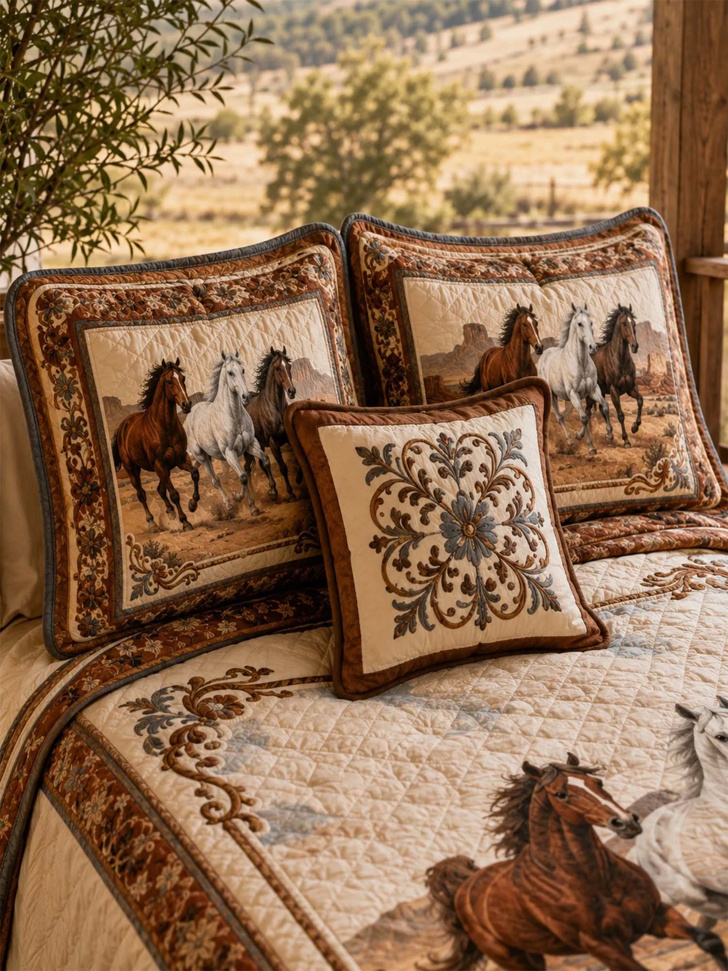 Equestrian Horse Patchwork Quilted 3-Piece Bedding Set – Vintage Country Quilted Bedding with Matching Pillow Shams