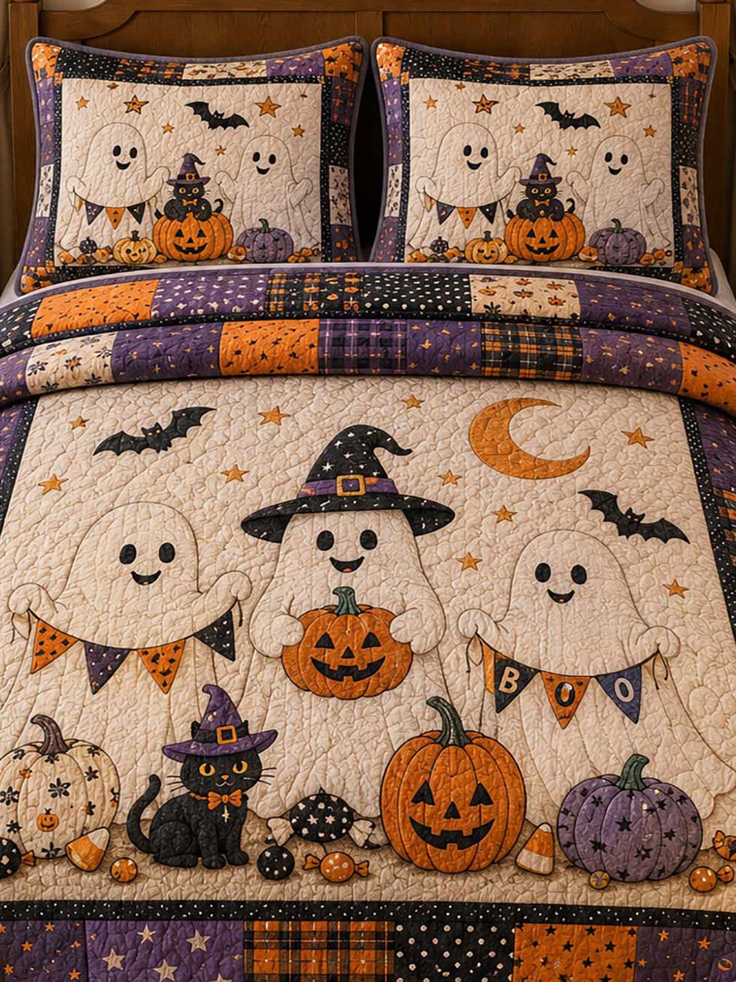 Cottage Boo Ghost Pumpkin Trick‐or‐Treat 3‐Piece Quilted Bedding Set