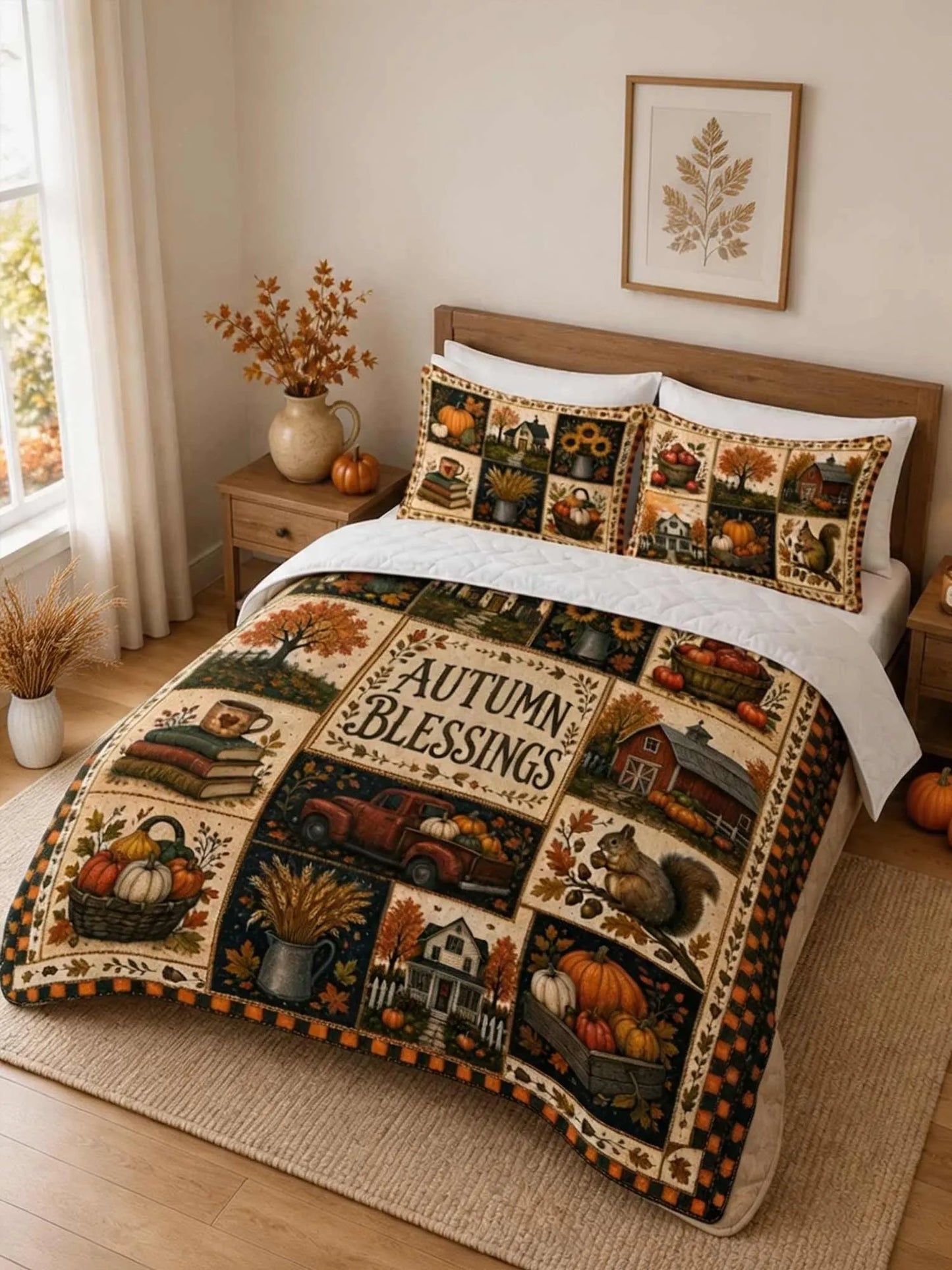 Autumn Blessings Harvest Patchwork Quilted 3‐Piece Bedding Set