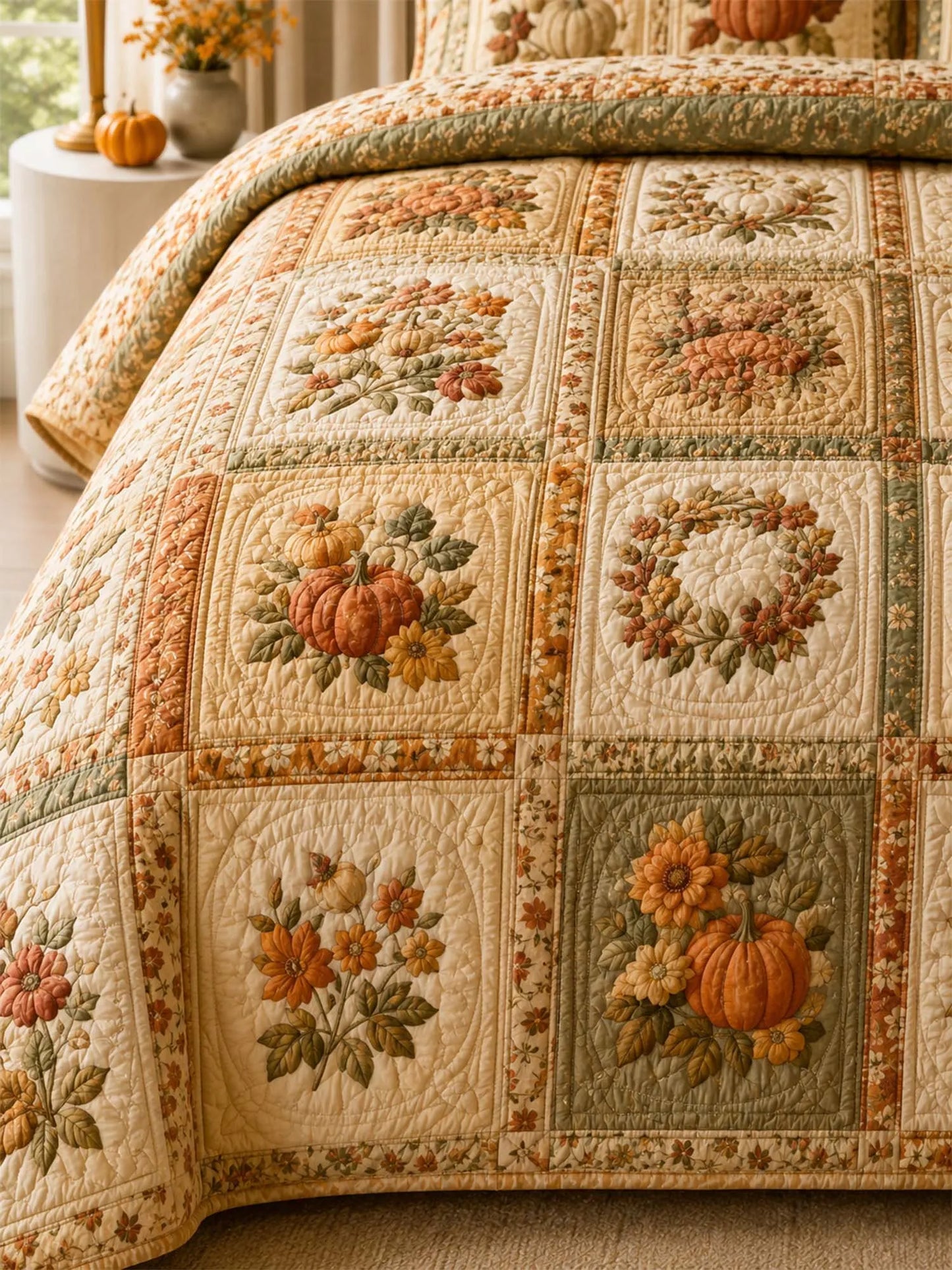 Pumpkin Harvest Quilted 3-Piece Bedding Set – Vintage Farmhouse Quilted Bedding With Matching Pillow Shams