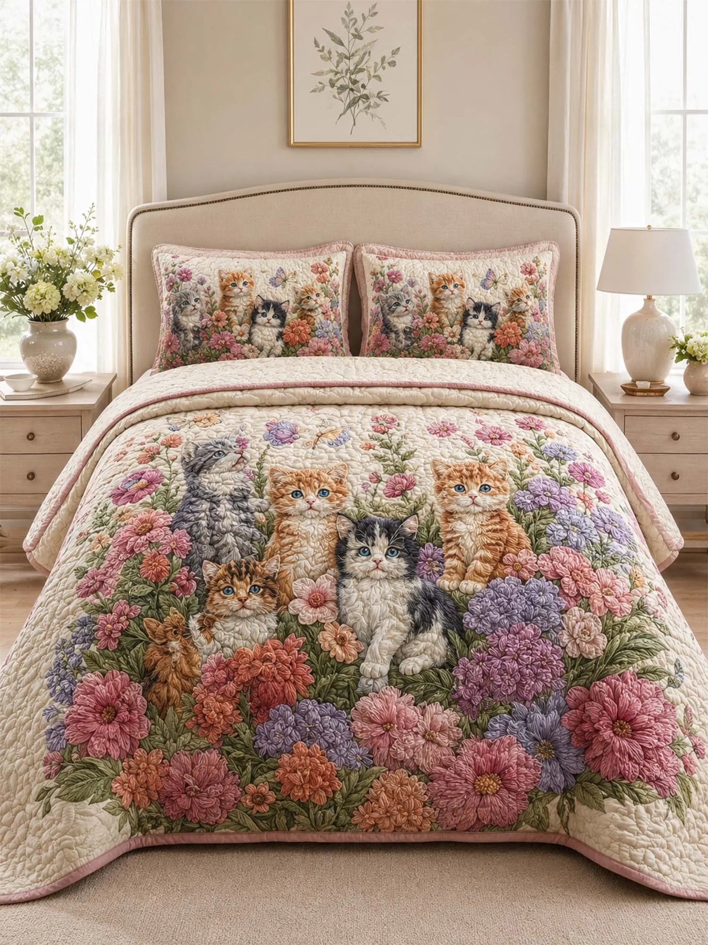 Garden Cat Floral Quilted 3-Piece Bedding Set